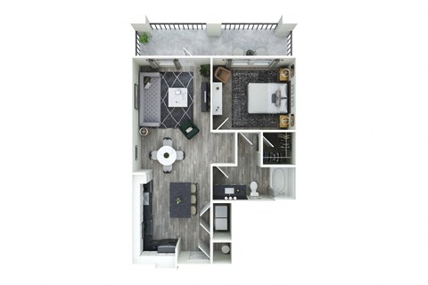 a furnished floor plan of a 1 bedroom apartment at Livano Nations, Tennessee, 37209